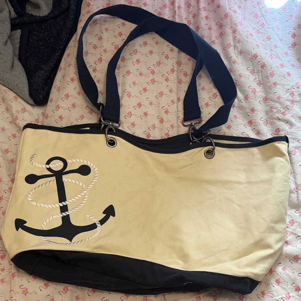 Thirty One Nautical Anchor Canvas Tote Bag - Cream and Navy
